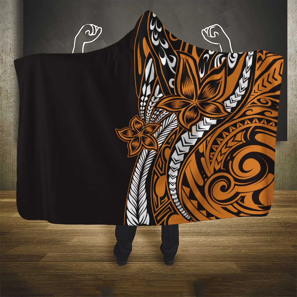 Polynesian Plumeria Floral Tattoo Pattern Hooded Blanket Gold Style