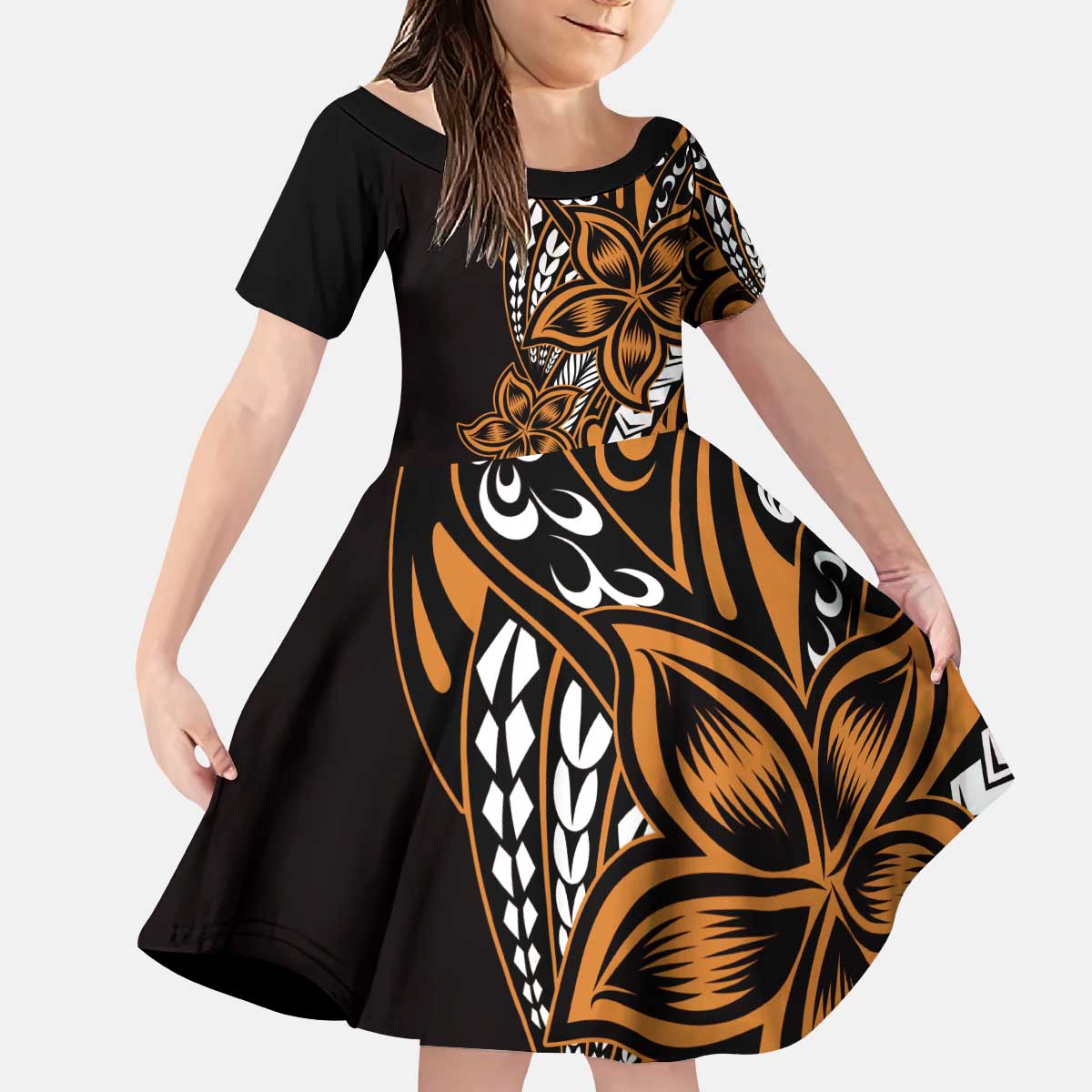 Polynesian Plumeria Floral Tattoo Pattern Kid Short Sleeve Dress Gold Style LT9 KID Gold - Polynesian Pride