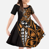 Polynesian Plumeria Floral Tattoo Pattern Kid Short Sleeve Dress Gold Style LT9 KID Gold - Polynesian Pride