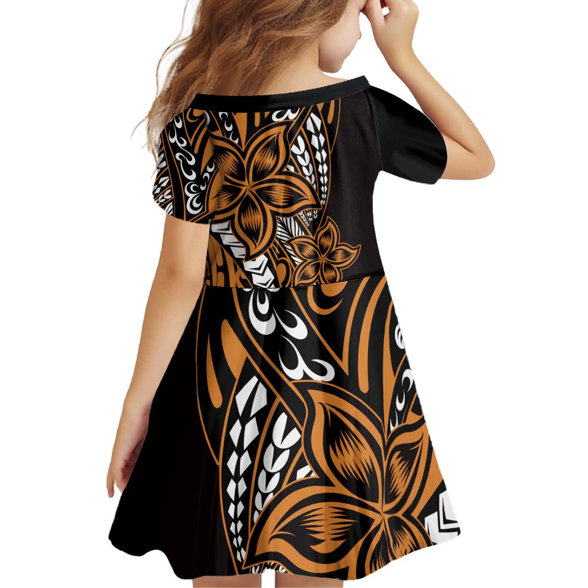 Polynesian Plumeria Floral Tattoo Pattern Kid Short Sleeve Dress Gold Style LT9 - Polynesian Pride