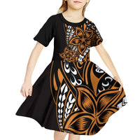Polynesian Plumeria Floral Tattoo Pattern Kid Short Sleeve Dress Gold Style LT9 - Polynesian Pride