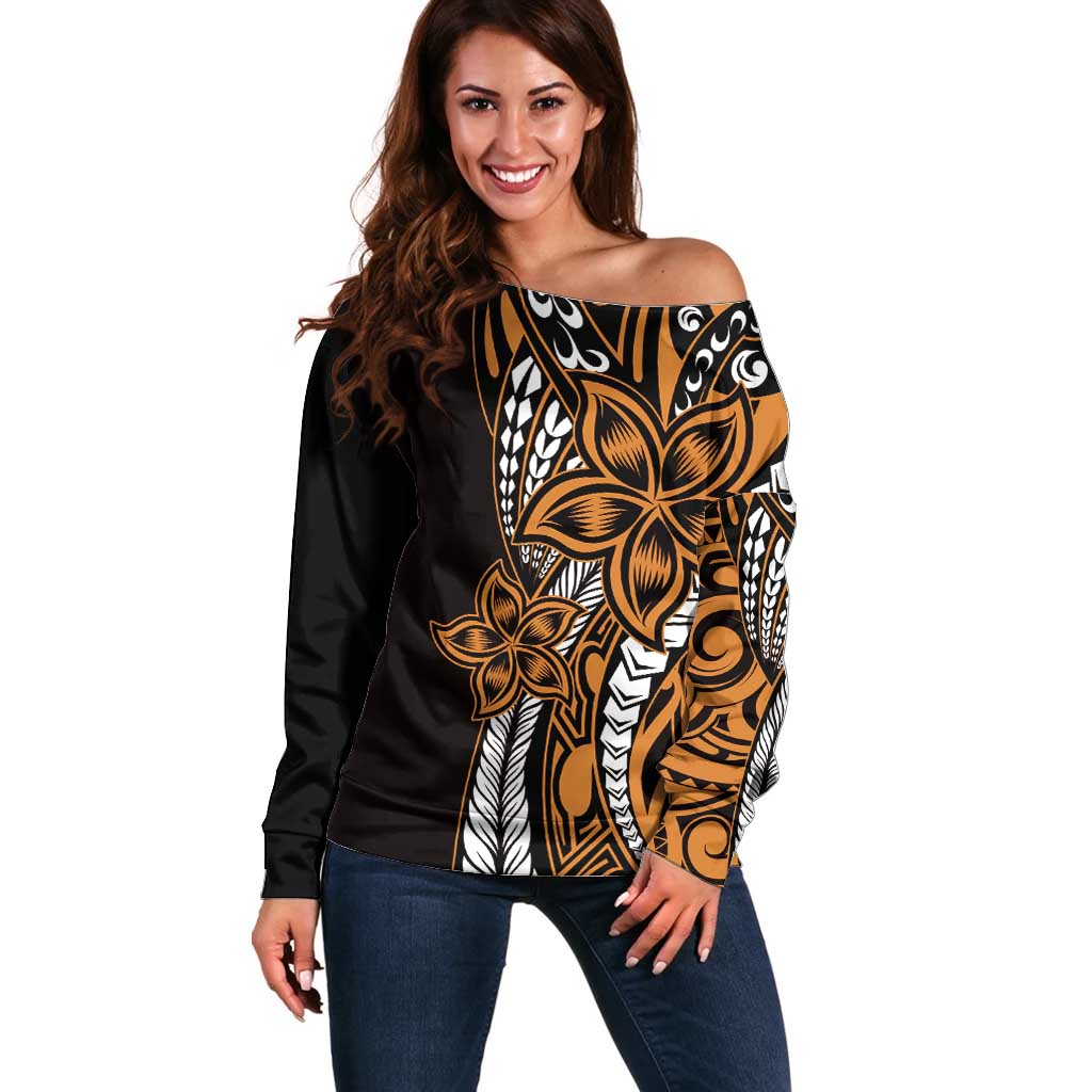 Polynesian Plumeria Floral Tattoo Pattern Off Shoulder Sweater Gold Style LT9 Women Gold - Polynesian Pride