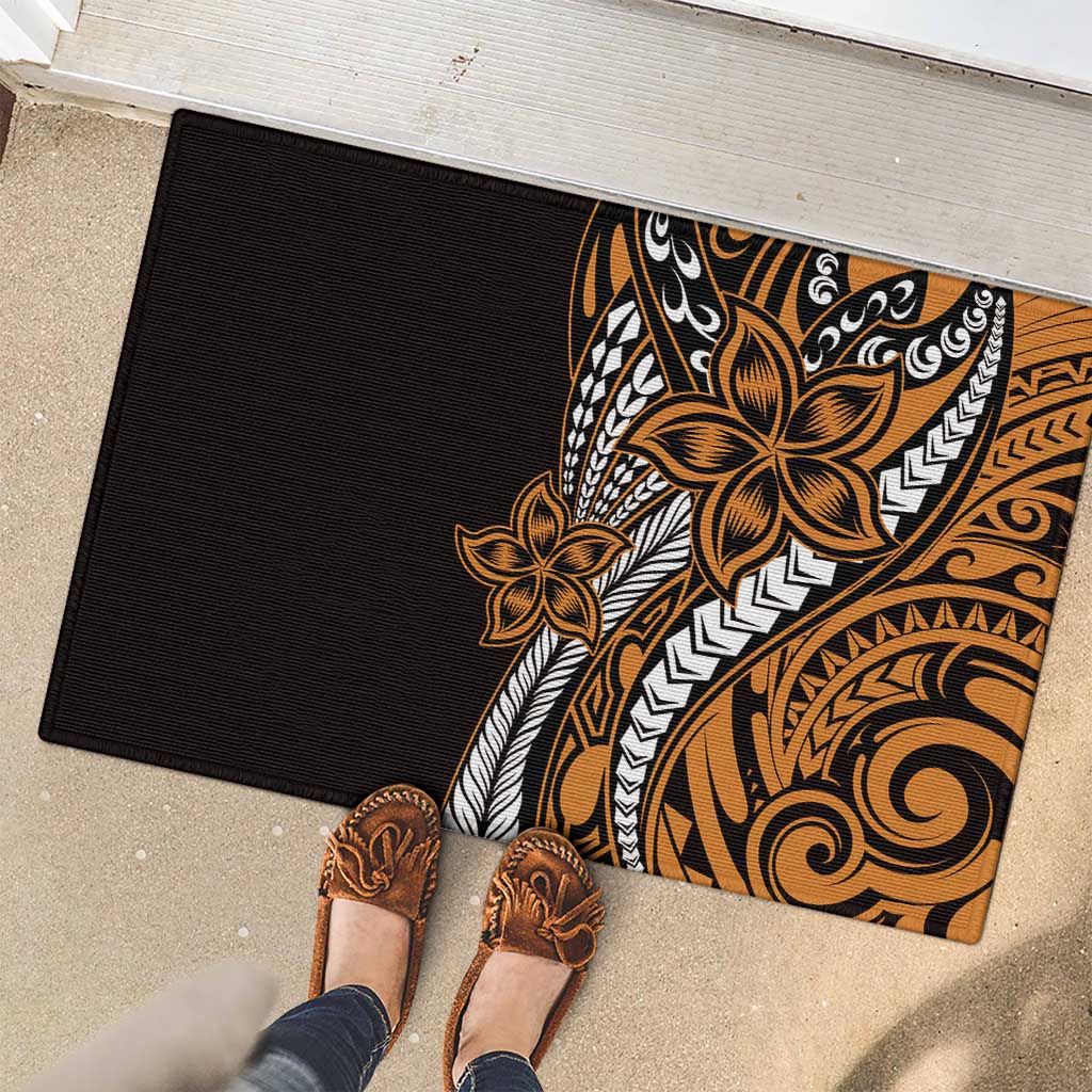 Polynesian Plumeria Floral Tattoo Pattern Rubber Doormat Gold Style