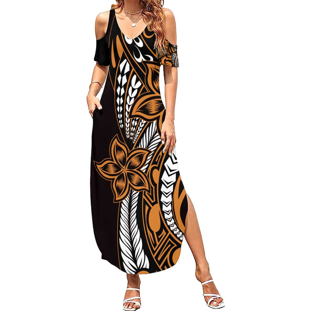 Polynesian Plumeria Floral Tattoo Pattern Summer Maxi Dress Gold Style LT9 Women Gold - Polynesian Pride