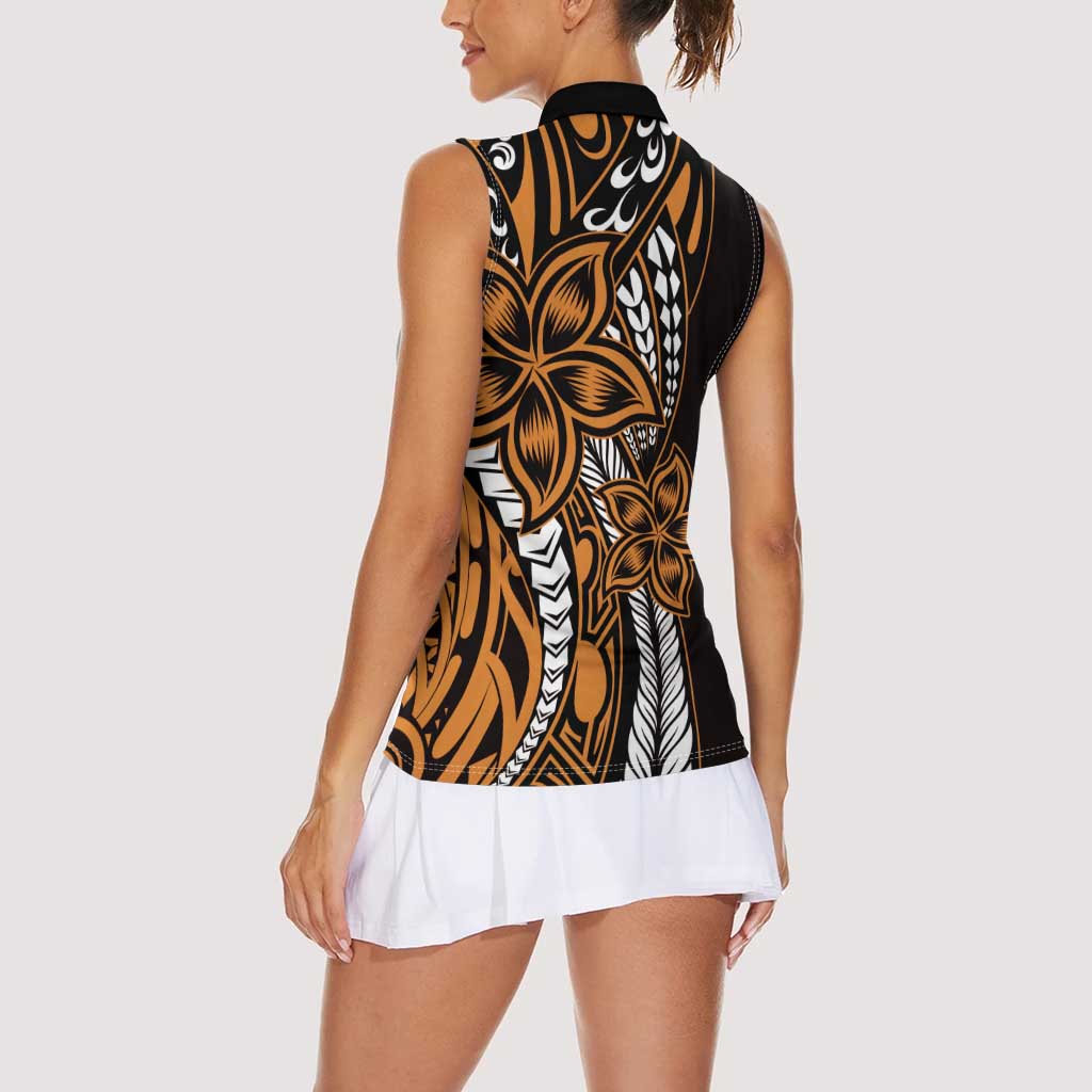 Polynesian Plumeria Floral Tattoo Pattern Women Sleeveless Polo Shirt Gold Style
