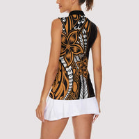 Polynesian Plumeria Floral Tattoo Pattern Women Sleeveless Polo Shirt Gold Style