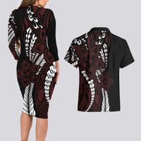 Polynesian Plumeria Floral Tattoo Pattern Couples Matching Long Sleeve Bodycon Dress and Hawaiian Shirt Oxblood Style LT9 - Polynesian Pride