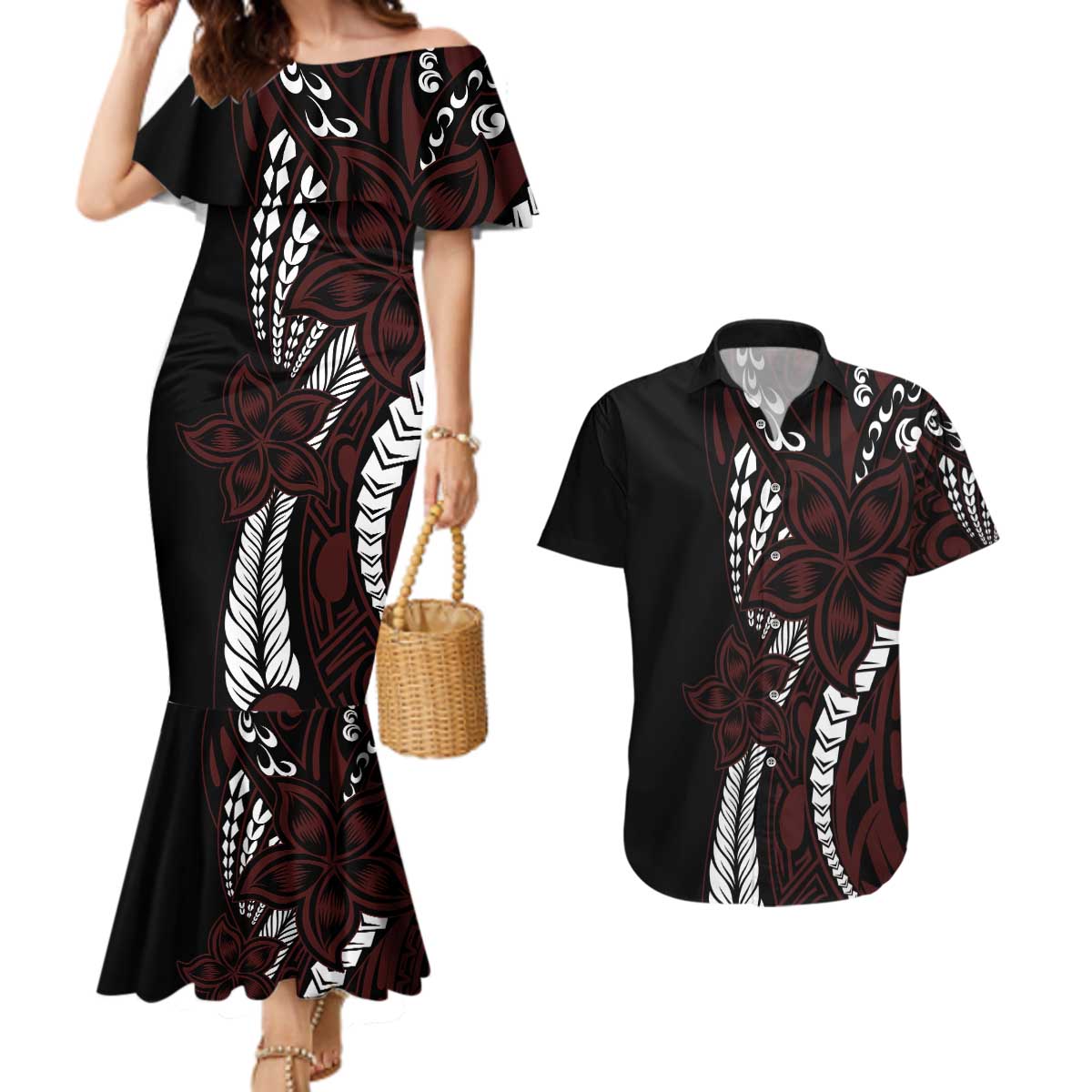 Polynesian Plumeria Floral Tattoo Pattern Couples Matching Mermaid Dress and Hawaiian Shirt Oxblood Style LT9 Oxblood - Polynesian Pride