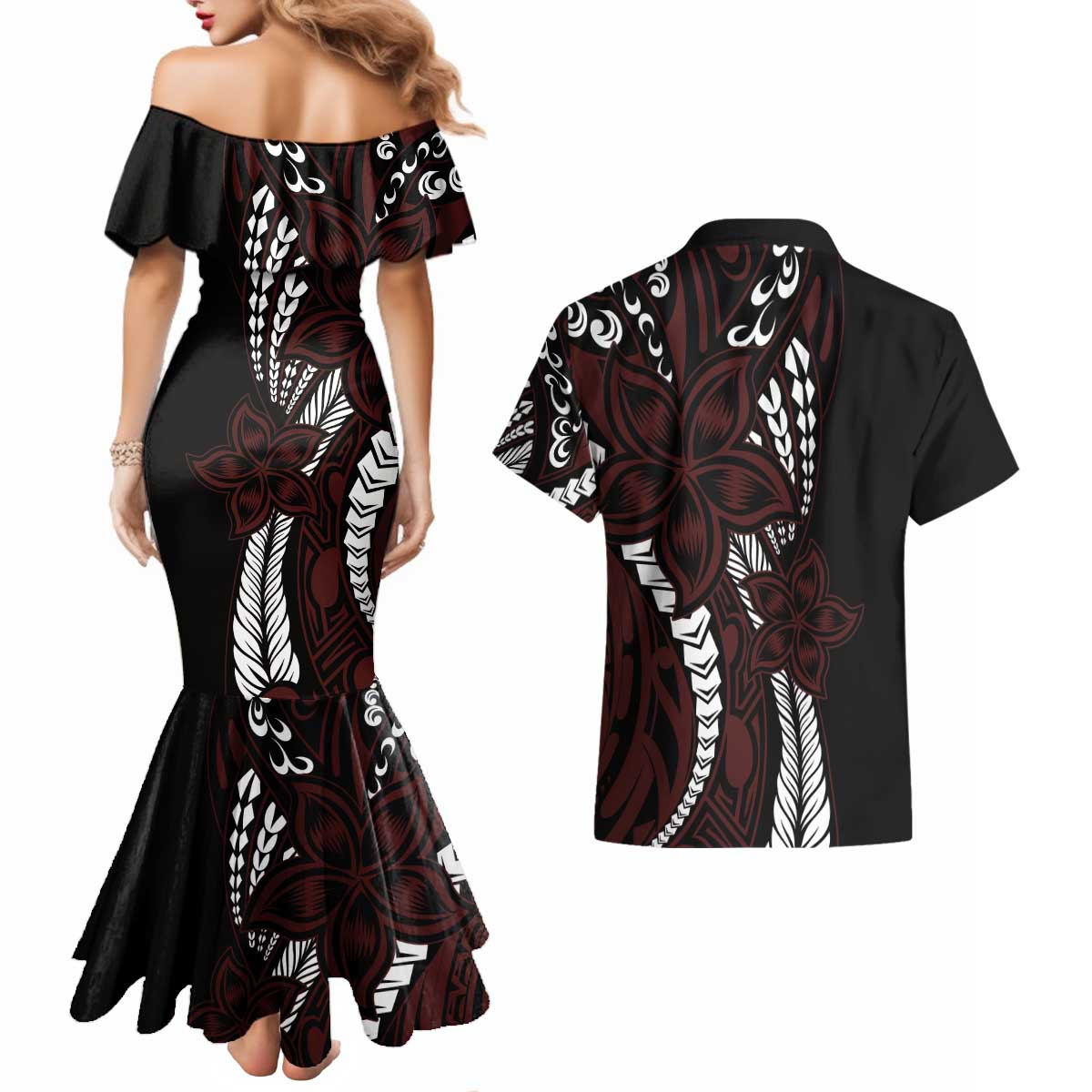 Polynesian Plumeria Floral Tattoo Pattern Couples Matching Mermaid Dress and Hawaiian Shirt Oxblood Style LT9 - Polynesian Pride