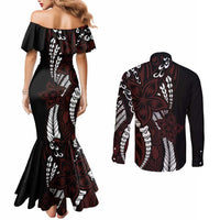 Polynesian Plumeria Floral Tattoo Pattern Couples Matching Mermaid Dress and Long Sleeve Button Shirt Oxblood Style LT9 - Polynesian Pride