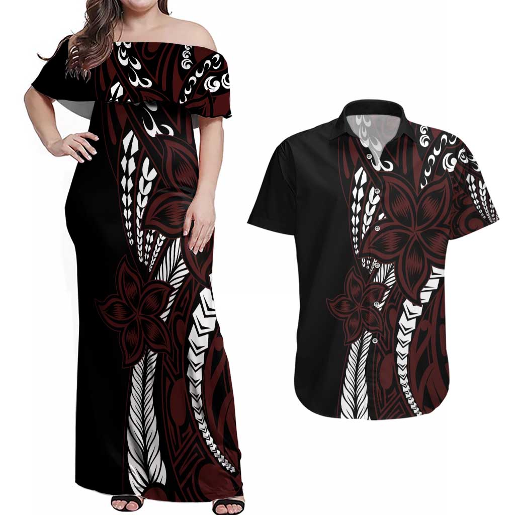 Polynesian Plumeria Floral Tattoo Pattern Couples Matching Off Shoulder Maxi Dress and Hawaiian Shirt Oxblood Style LT9 Oxblood - Polynesian Pride