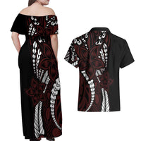 Polynesian Plumeria Floral Tattoo Pattern Couples Matching Off Shoulder Maxi Dress and Hawaiian Shirt Oxblood Style LT9 - Polynesian Pride