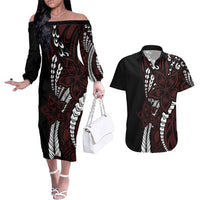 Polynesian Plumeria Floral Tattoo Pattern Couples Matching Off The Shoulder Long Sleeve Dress and Hawaiian Shirt Oxblood Style LT9 Oxblood - Polynesian Pride