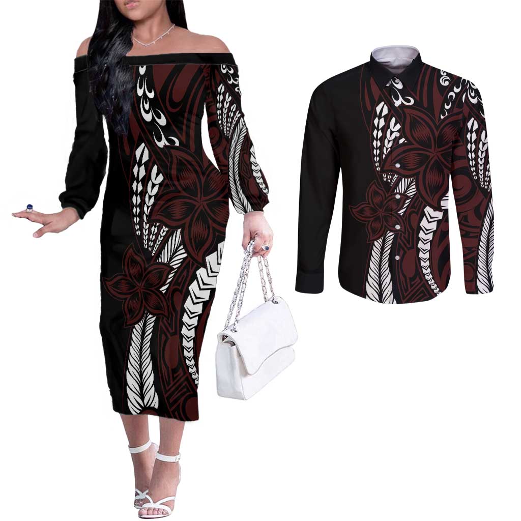 Polynesian Plumeria Floral Tattoo Pattern Couples Matching Off The Shoulder Long Sleeve Dress and Long Sleeve Button Shirt Oxblood Style LT9 Oxblood - Polynesian Pride