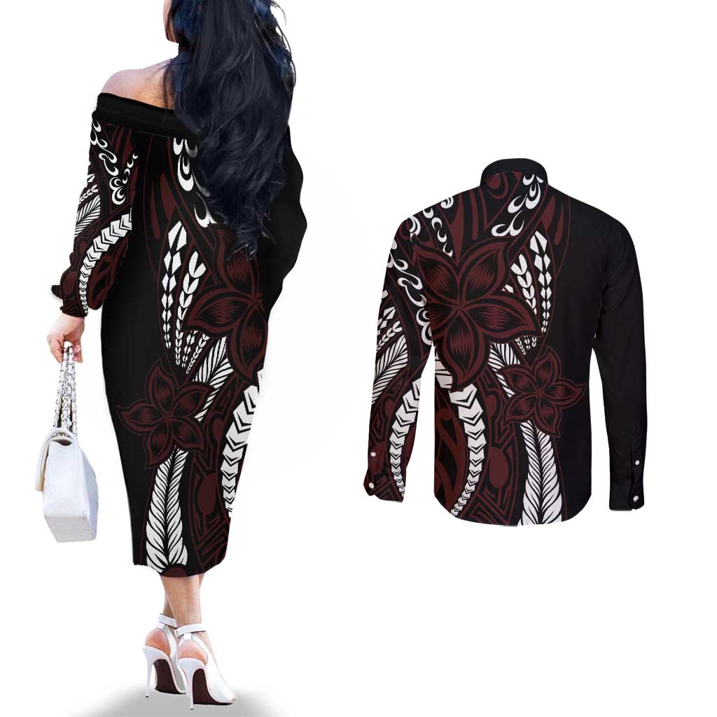 Polynesian Plumeria Floral Tattoo Pattern Couples Matching Off The Shoulder Long Sleeve Dress and Long Sleeve Button Shirt Oxblood Style LT9 - Polynesian Pride
