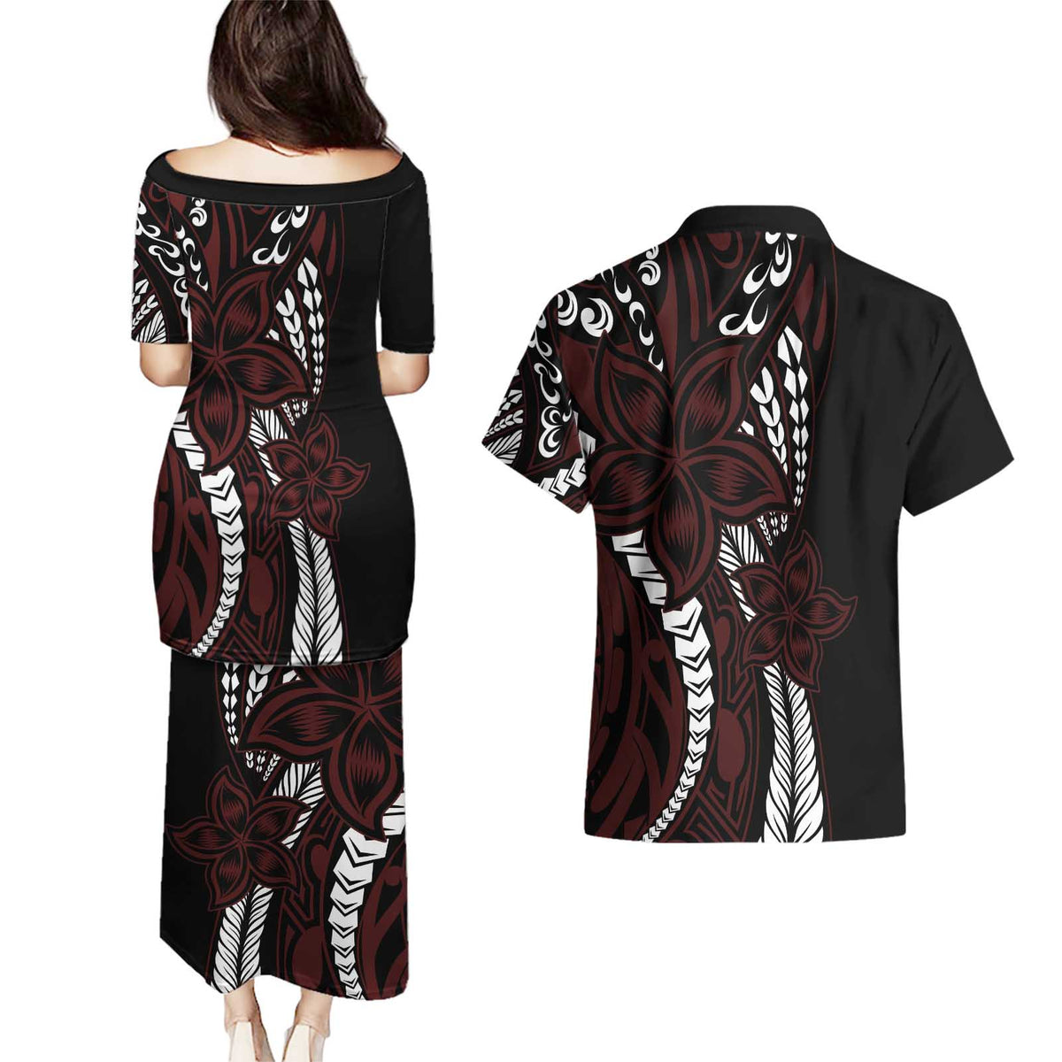 Polynesian Plumeria Floral Tattoo Pattern Couples Matching Puletasi and Hawaiian Shirt Oxblood Style