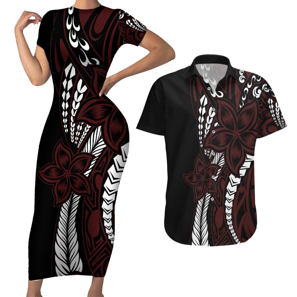 Polynesian Plumeria Floral Tattoo Pattern Couples Matching Short Sleeve Bodycon Dress and Hawaiian Shirt Oxblood Style LT9 Oxblood - Polynesian Pride