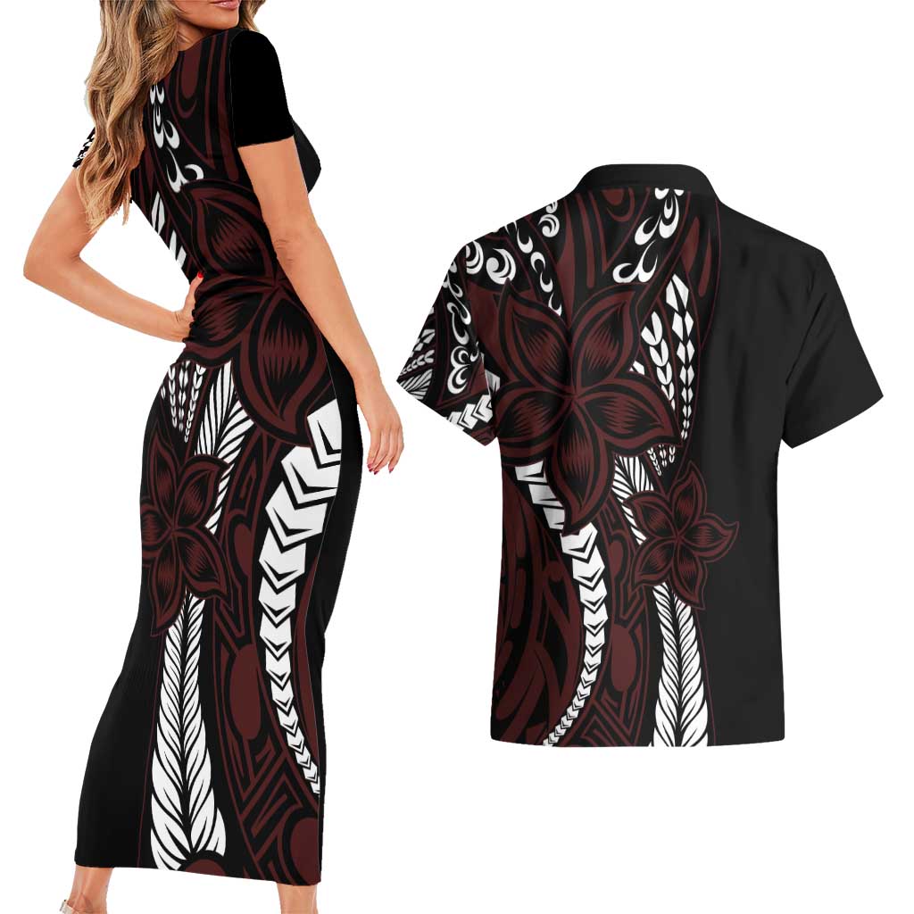Polynesian Plumeria Floral Tattoo Pattern Couples Matching Short Sleeve Bodycon Dress and Hawaiian Shirt Oxblood Style LT9 - Polynesian Pride