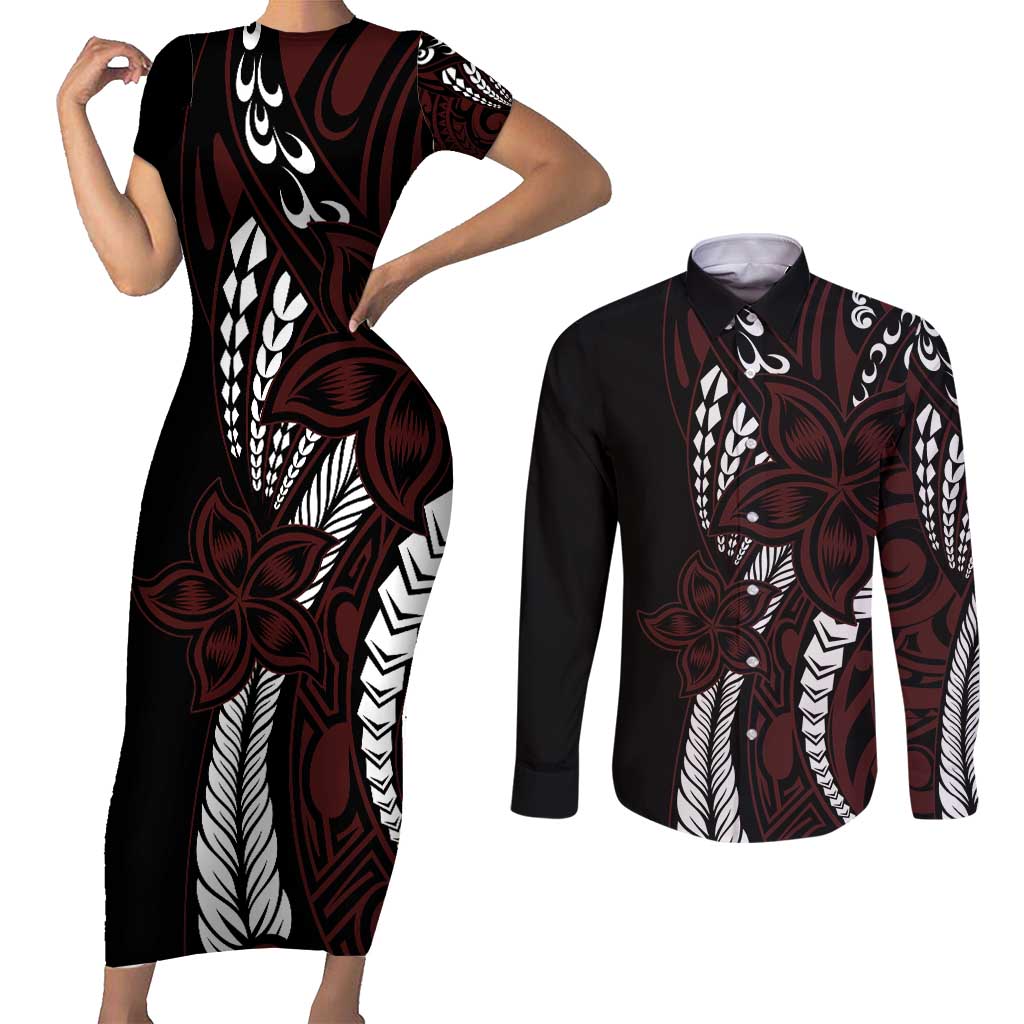 Polynesian Plumeria Floral Tattoo Pattern Couples Matching Short Sleeve Bodycon Dress and Long Sleeve Button Shirt Oxblood Style LT9 Oxblood - Polynesian Pride