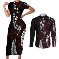 Polynesian Plumeria Floral Tattoo Pattern Couples Matching Short Sleeve Bodycon Dress and Long Sleeve Button Shirt Oxblood Style LT9 Oxblood - Polynesian Pride
