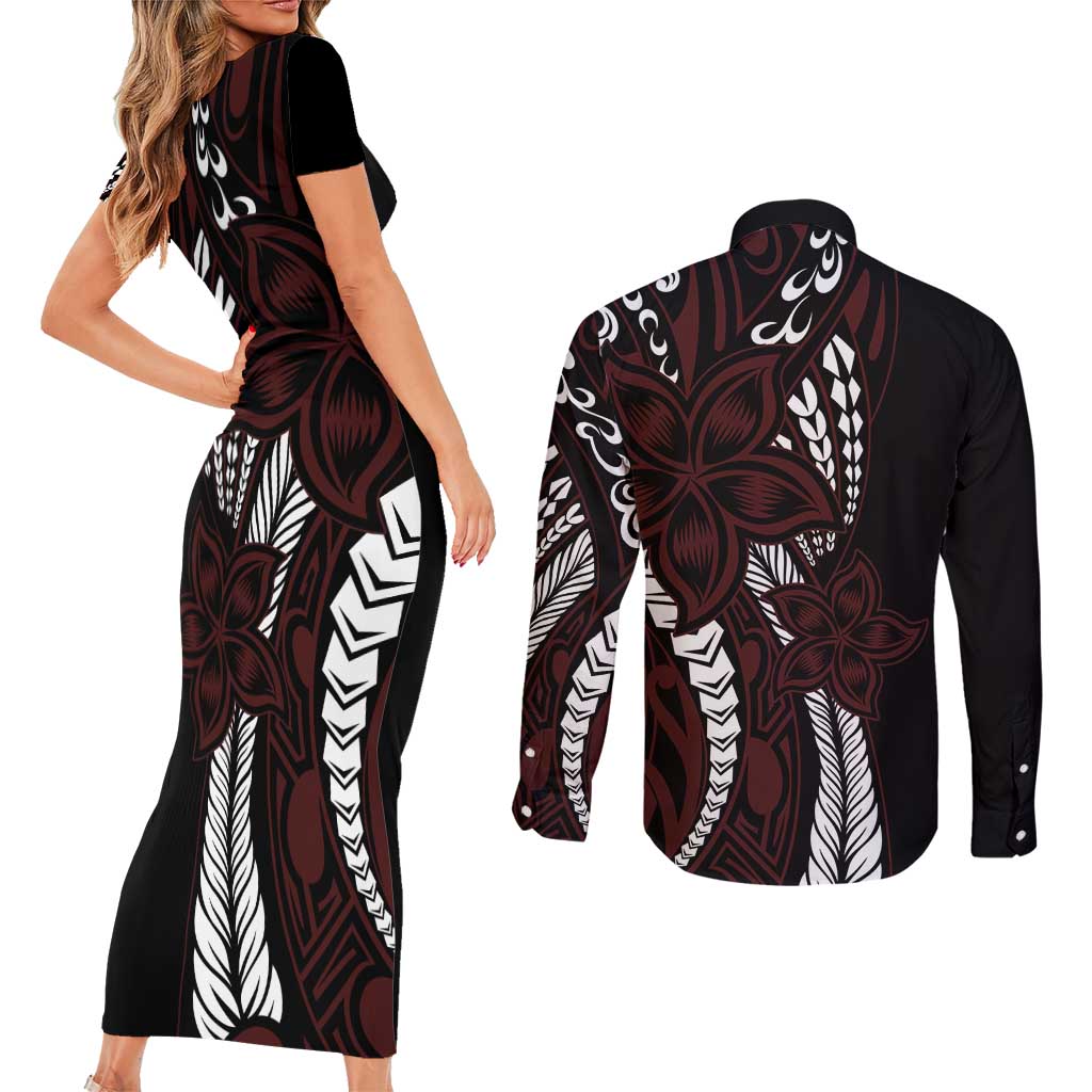 Polynesian Plumeria Floral Tattoo Pattern Couples Matching Short Sleeve Bodycon Dress and Long Sleeve Button Shirt Oxblood Style LT9 - Polynesian Pride