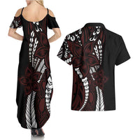 Polynesian Plumeria Floral Tattoo Pattern Couples Matching Summer Maxi Dress and Hawaiian Shirt Oxblood Style LT9 - Polynesian Pride