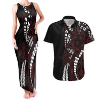 Polynesian Plumeria Floral Tattoo Pattern Couples Matching Tank Maxi Dress and Hawaiian Shirt Oxblood Style LT9 Oxblood - Polynesian Pride