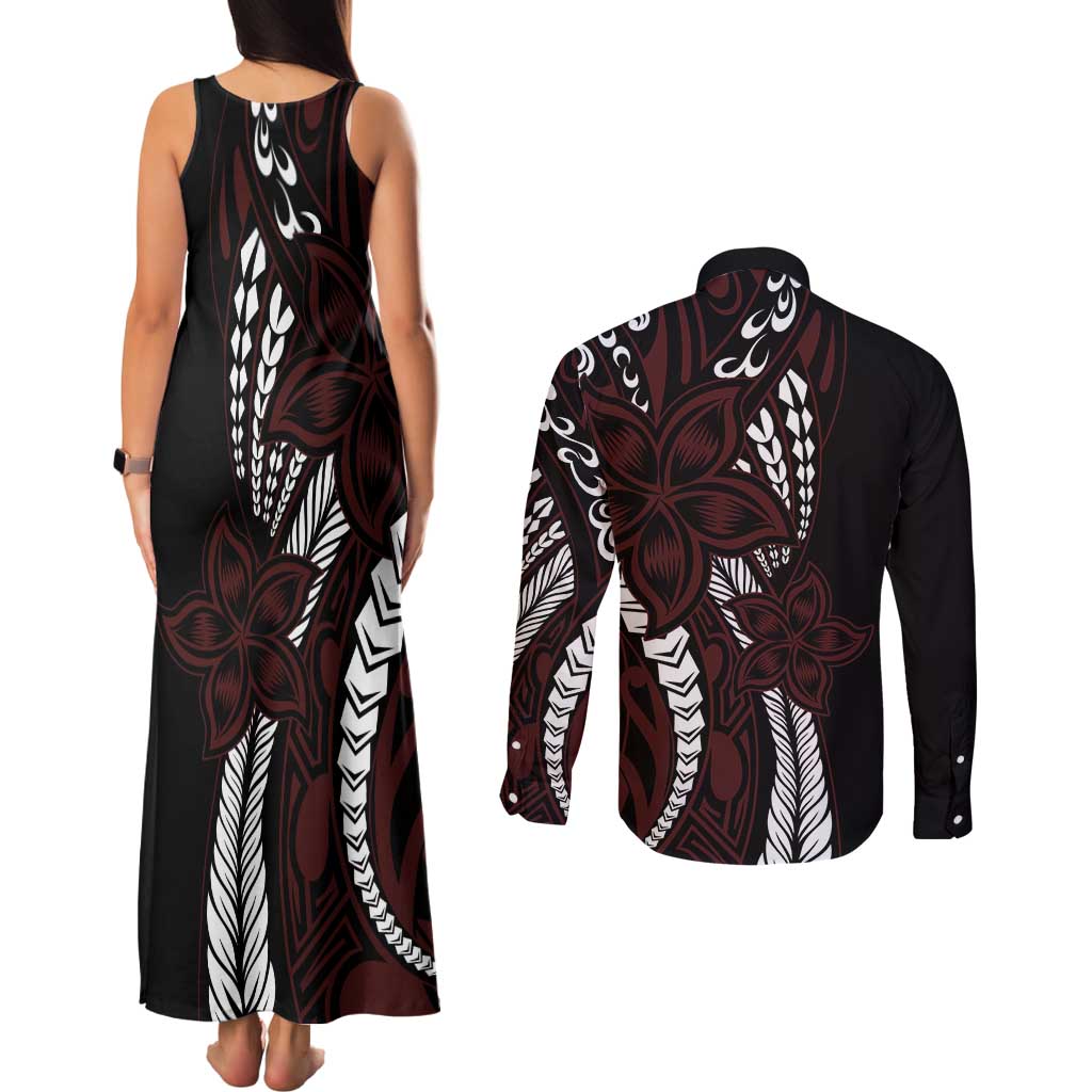 Polynesian Plumeria Floral Tattoo Pattern Couples Matching Tank Maxi Dress and Long Sleeve Button Shirt Oxblood Style LT9 - Polynesian Pride