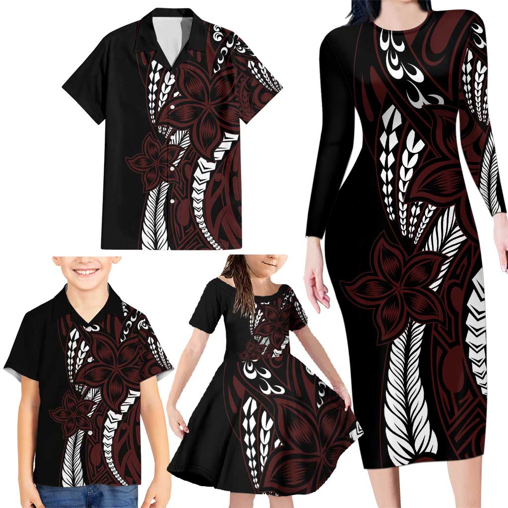 Polynesian Plumeria Floral Tattoo Pattern Family Matching Long Sleeve Bodycon Dress and Hawaiian Shirt Oxblood Style LT9 - Polynesian Pride