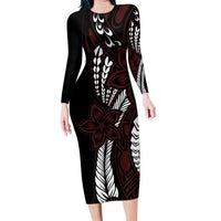 Polynesian Plumeria Floral Tattoo Pattern Family Matching Long Sleeve Bodycon Dress and Hawaiian Shirt Oxblood Style LT9 Mom's Dress Oxblood - Polynesian Pride