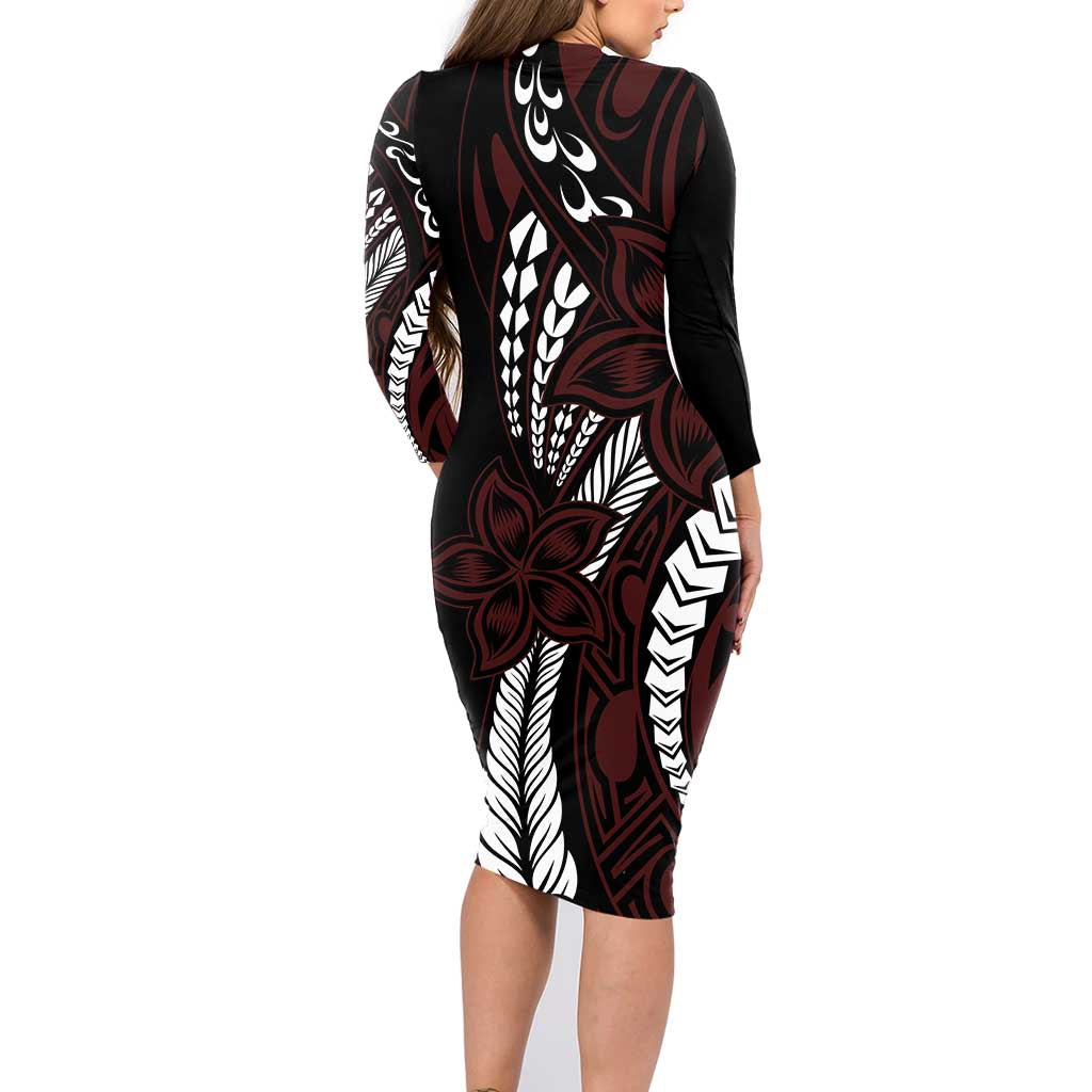 Polynesian Plumeria Floral Tattoo Pattern Family Matching Long Sleeve Bodycon Dress and Hawaiian Shirt Oxblood Style LT9 - Polynesian Pride