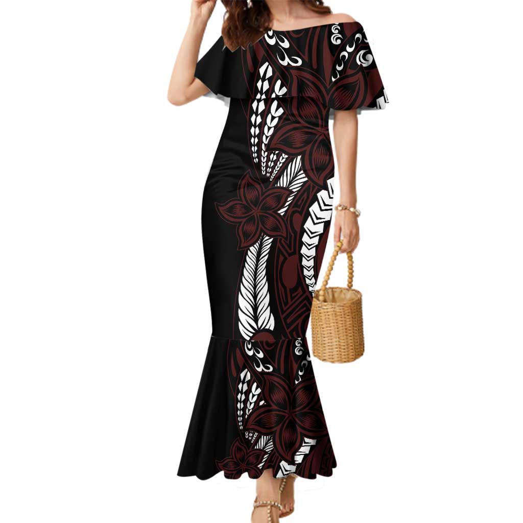 Polynesian Plumeria Floral Tattoo Pattern Family Matching Mermaid Dress and Hawaiian Shirt Oxblood Style LT9 Mom's Dress Oxblood - Polynesian Pride