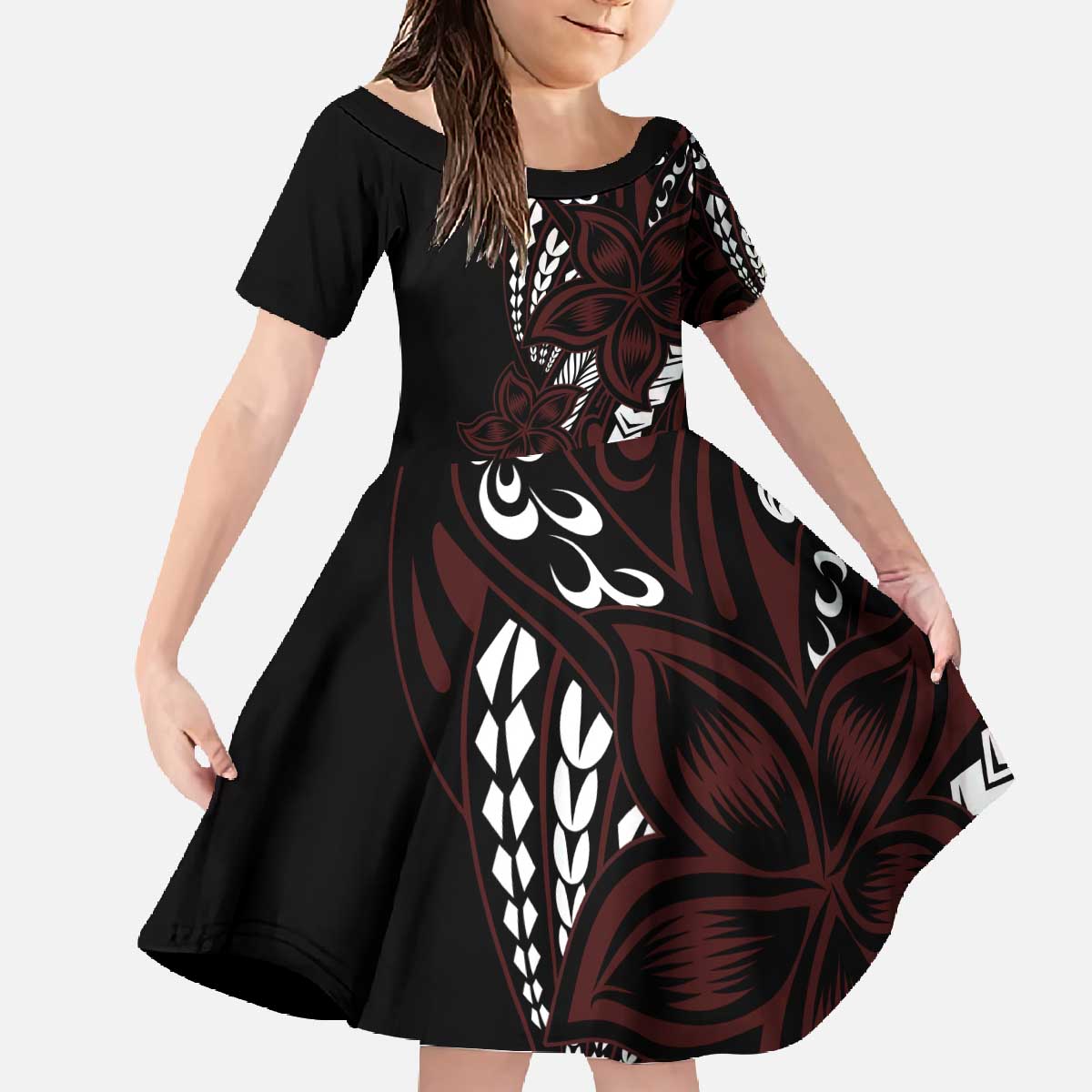Polynesian Plumeria Floral Tattoo Pattern Family Matching Off The Shoulder Long Sleeve Dress and Hawaiian Shirt Oxblood Style LT9 Daughter's Dress Oxblood - Polynesian Pride