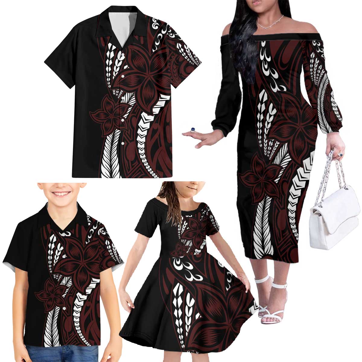 Polynesian Plumeria Floral Tattoo Pattern Family Matching Off The Shoulder Long Sleeve Dress and Hawaiian Shirt Oxblood Style LT9 - Polynesian Pride