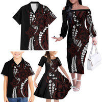 Polynesian Plumeria Floral Tattoo Pattern Family Matching Off The Shoulder Long Sleeve Dress and Hawaiian Shirt Oxblood Style LT9 - Polynesian Pride
