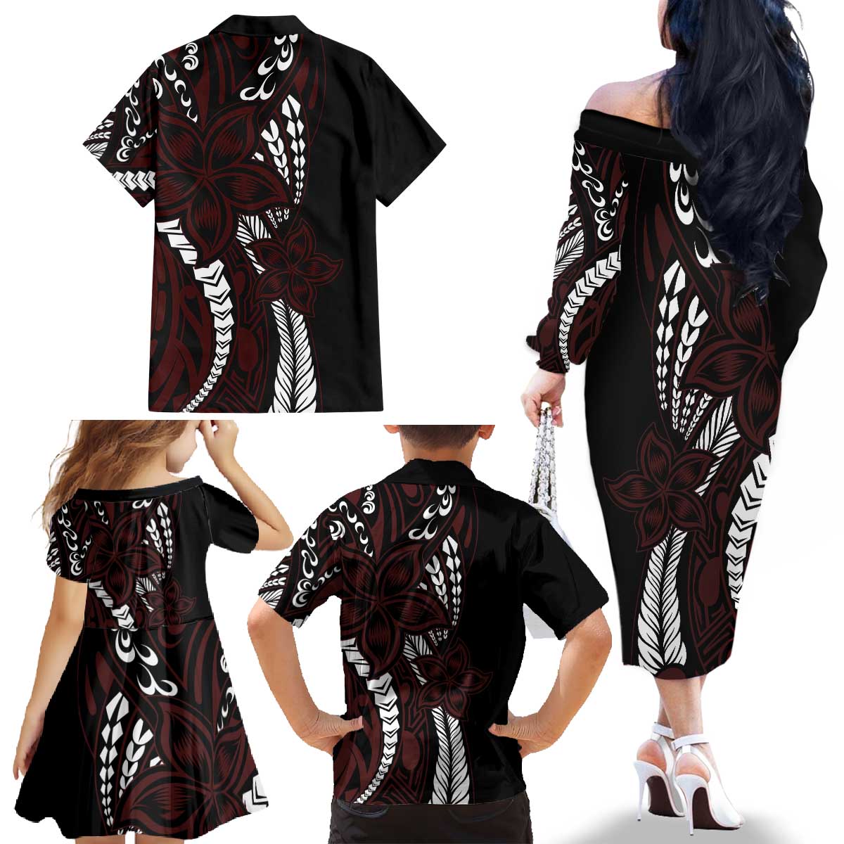 Polynesian Plumeria Floral Tattoo Pattern Family Matching Off The Shoulder Long Sleeve Dress and Hawaiian Shirt Oxblood Style LT9 - Polynesian Pride