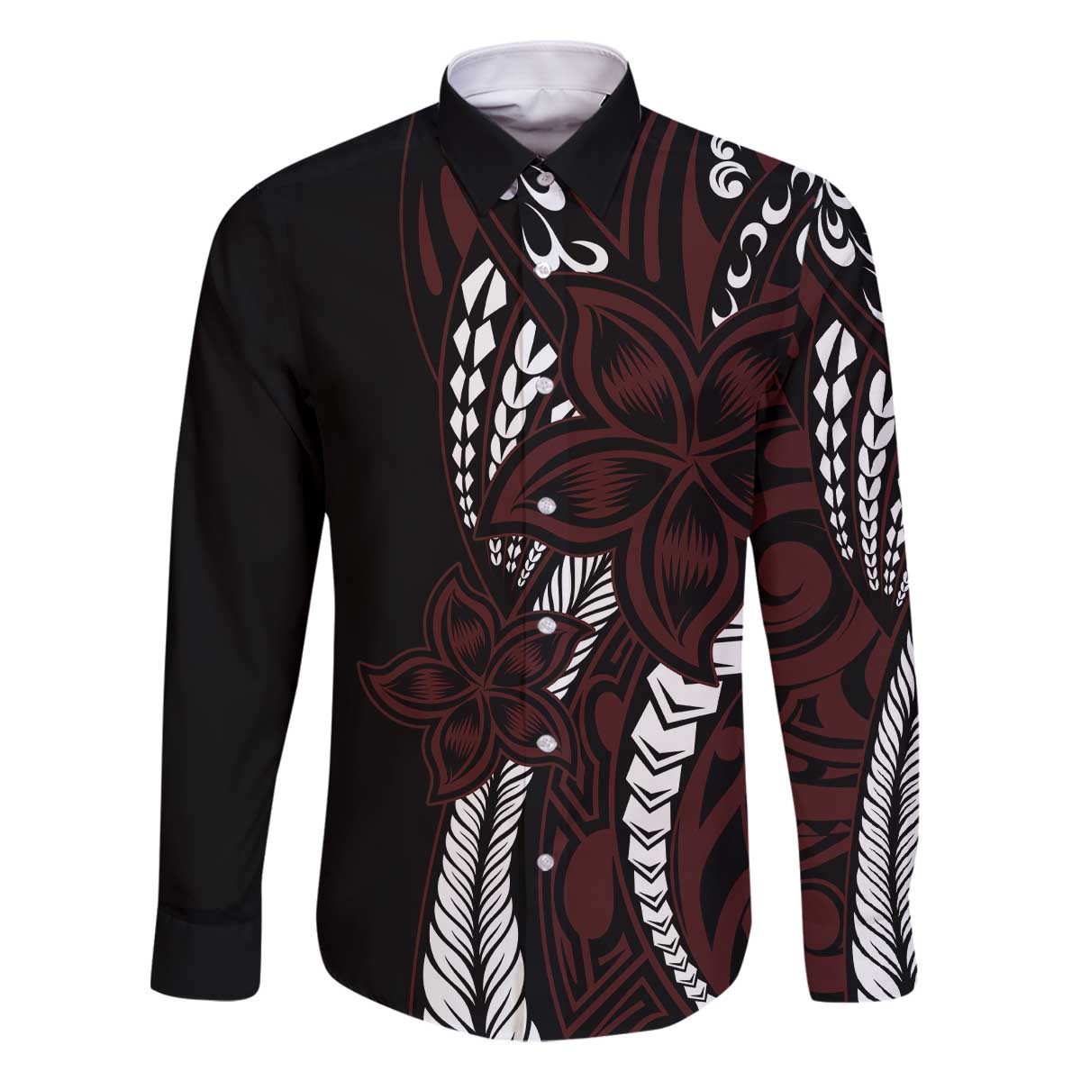 Polynesian Plumeria Floral Tattoo Pattern Family Matching Off The Shoulder Long Sleeve Dress and Hawaiian Shirt Oxblood Style LT9 Dad's Shirt - Long Sleeve Oxblood - Polynesian Pride