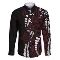 Polynesian Plumeria Floral Tattoo Pattern Family Matching Off The Shoulder Long Sleeve Dress and Hawaiian Shirt Oxblood Style LT9 Dad's Shirt - Long Sleeve Oxblood - Polynesian Pride