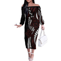 Polynesian Plumeria Floral Tattoo Pattern Family Matching Off The Shoulder Long Sleeve Dress and Hawaiian Shirt Oxblood Style LT9 Mom's Dress Oxblood - Polynesian Pride