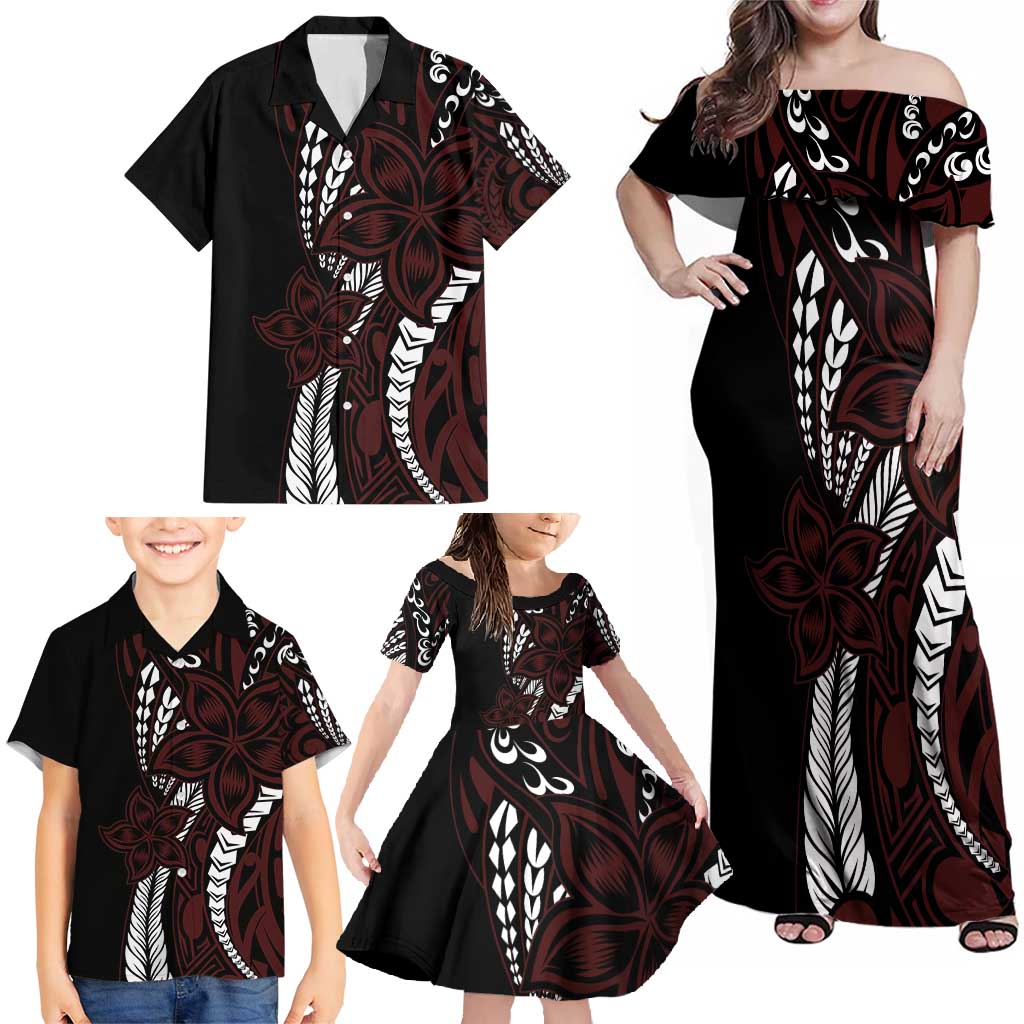 Polynesian Plumeria Floral Tattoo Pattern Family Matching Off Shoulder Maxi Dress and Hawaiian Shirt Oxblood Style LT9 - Polynesian Pride