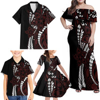 Polynesian Plumeria Floral Tattoo Pattern Family Matching Off Shoulder Maxi Dress and Hawaiian Shirt Oxblood Style LT9 - Polynesian Pride