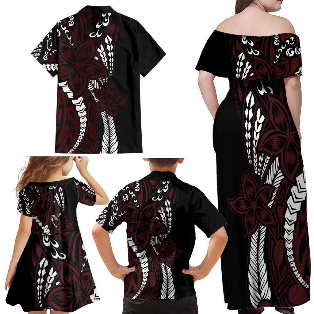 Polynesian Plumeria Floral Tattoo Pattern Family Matching Off Shoulder Maxi Dress and Hawaiian Shirt Oxblood Style LT9 - Polynesian Pride