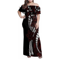Polynesian Plumeria Floral Tattoo Pattern Family Matching Off Shoulder Maxi Dress and Hawaiian Shirt Oxblood Style LT9 Mom's Dress Oxblood - Polynesian Pride