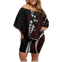Polynesian Plumeria Floral Tattoo Pattern Family Matching Off Shoulder Short Dress and Hawaiian Shirt Oxblood Style LT9 Mom's Dress Oxblood - Polynesian Pride