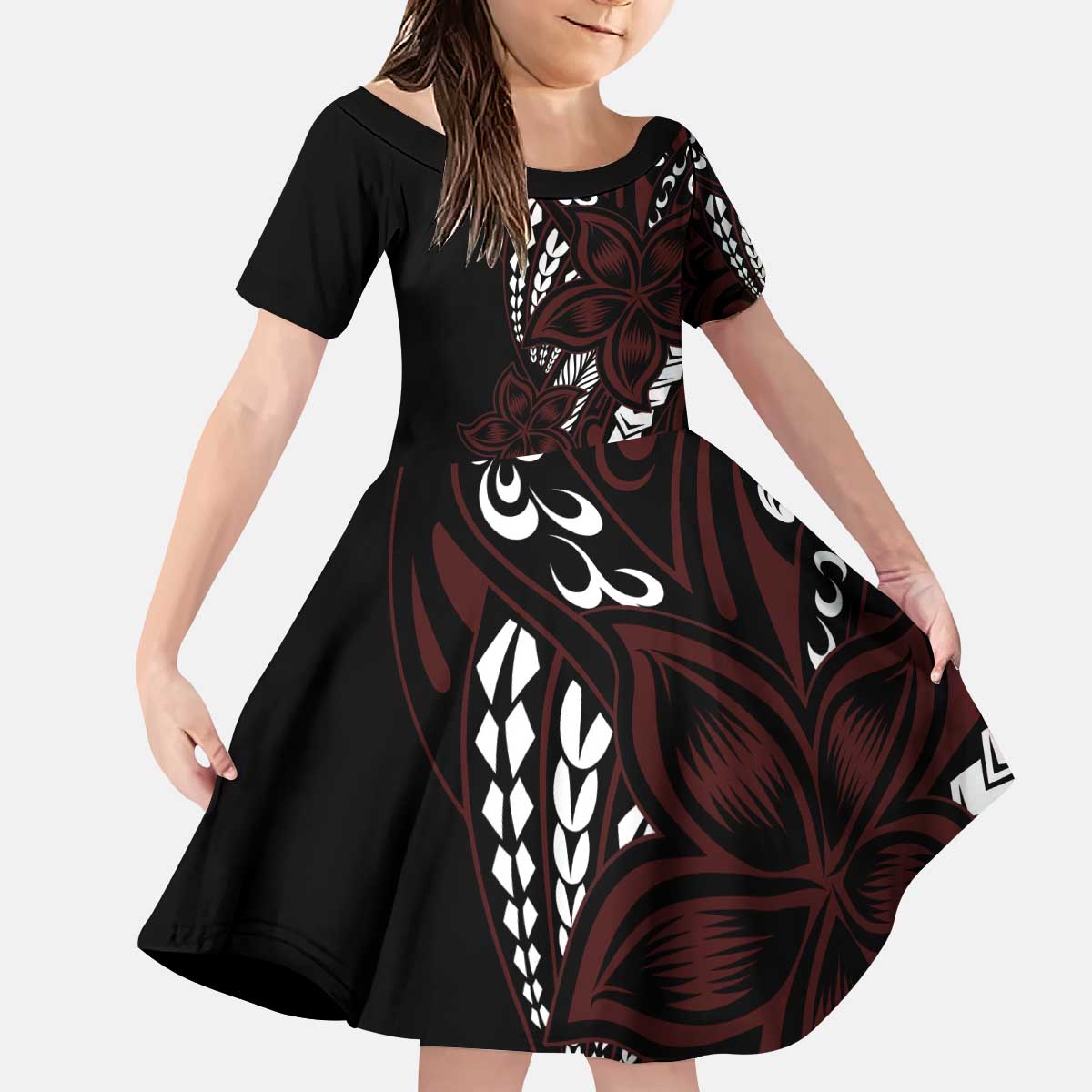 Polynesian Plumeria Floral Tattoo Pattern Family Matching Puletasi and Hawaiian Shirt Oxblood Style LT9 Daughter's Dress Oxblood - Polynesian Pride