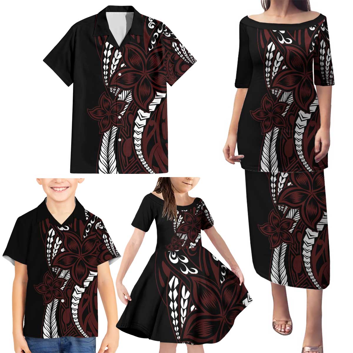 Polynesian Plumeria Floral Tattoo Pattern Family Matching Puletasi and Hawaiian Shirt Oxblood Style LT9 - Polynesian Pride