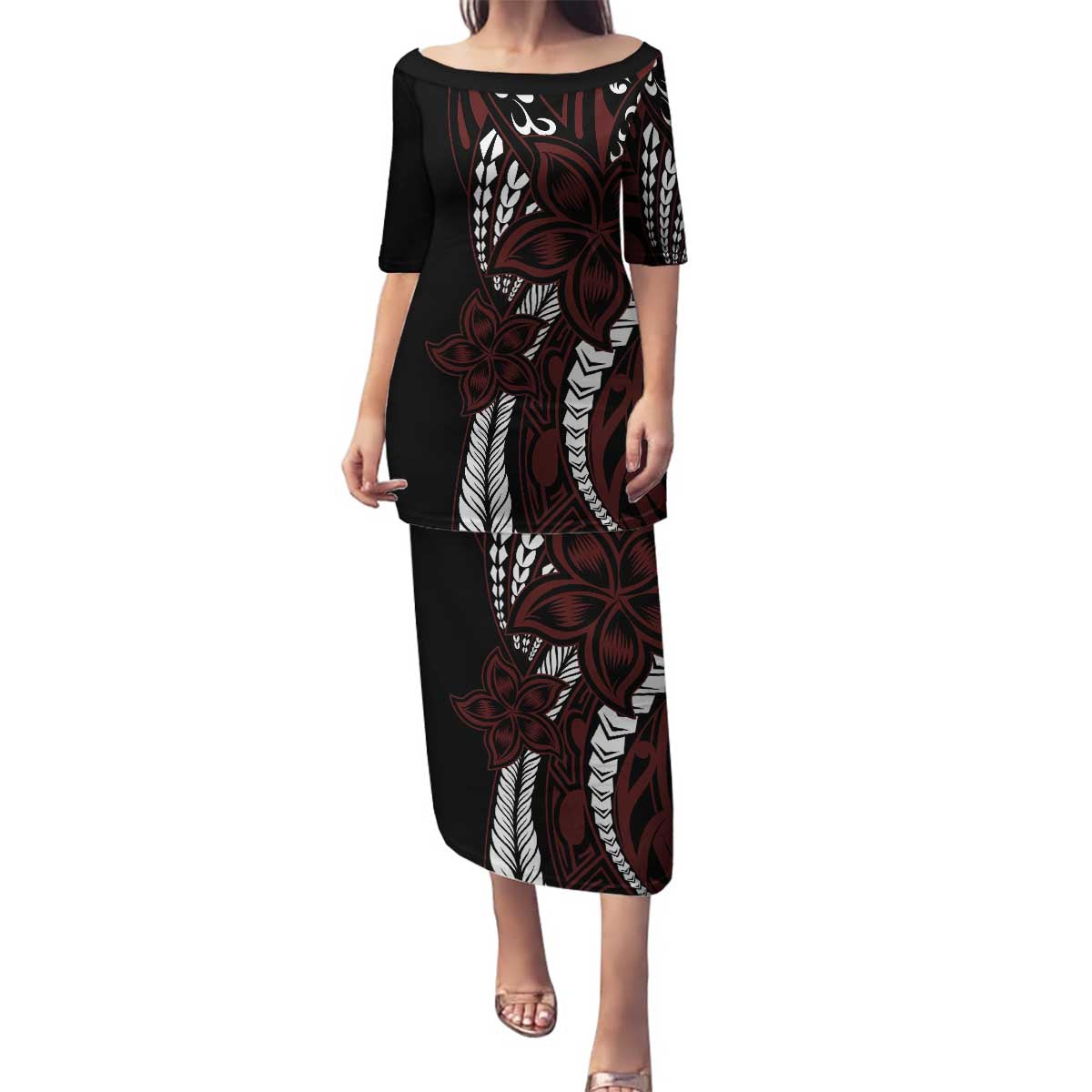 Polynesian Plumeria Floral Tattoo Pattern Family Matching Puletasi and Hawaiian Shirt Oxblood Style LT9 Mom's Dress Oxblood - Polynesian Pride