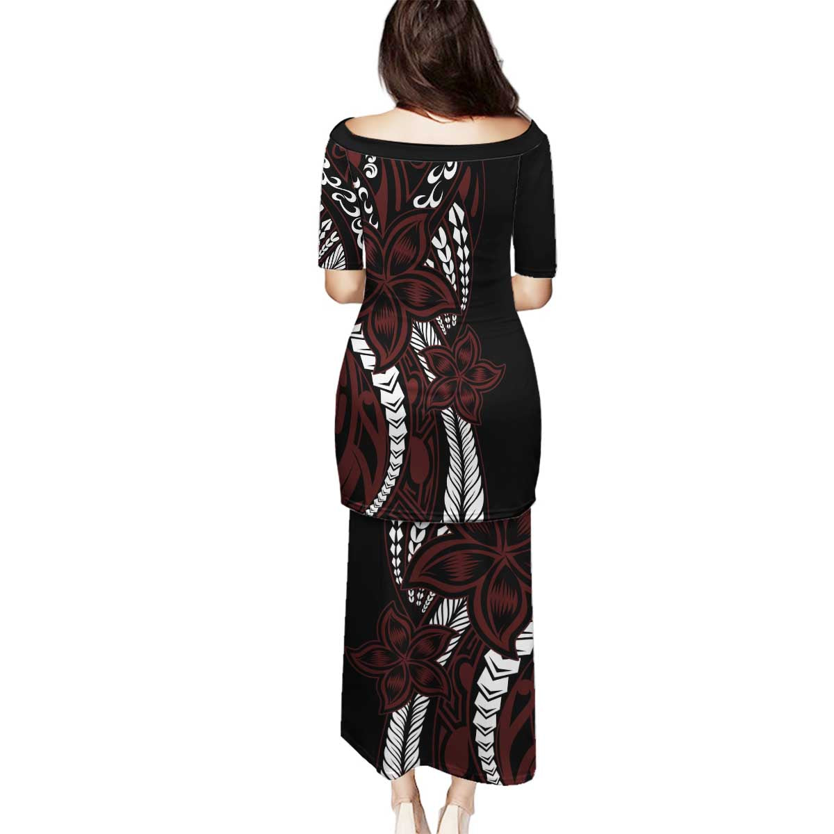 Polynesian Plumeria Floral Tattoo Pattern Family Matching Puletasi and Hawaiian Shirt Oxblood Style LT9 - Polynesian Pride