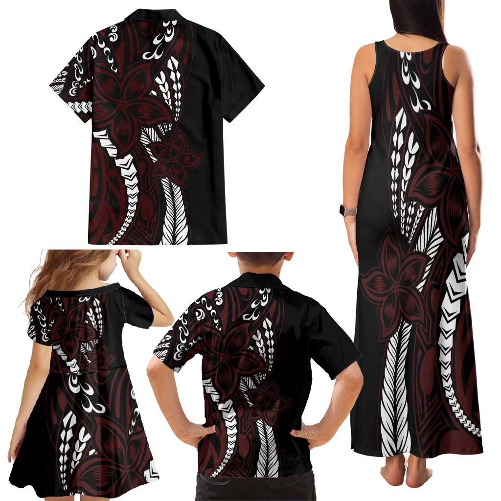 Polynesian Plumeria Floral Tattoo Pattern Family Matching Tank Maxi Dress and Hawaiian Shirt Oxblood Style LT9 - Polynesian Pride