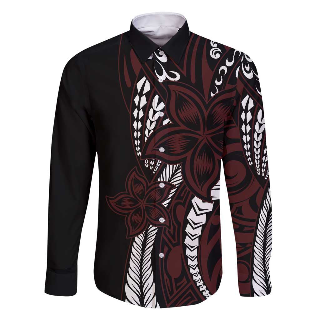Polynesian Plumeria Floral Tattoo Pattern Family Matching Tank Maxi Dress and Hawaiian Shirt Oxblood Style LT9 Dad's Shirt - Long Sleeve Oxblood - Polynesian Pride